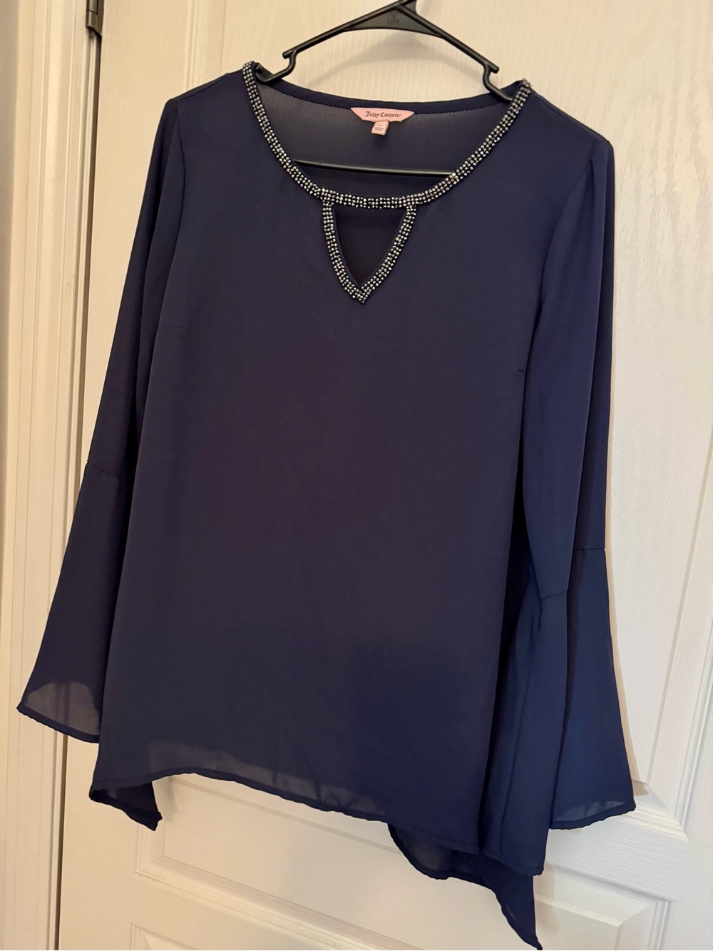 Juicy Couture Navy Rhinestone Trim Bell Sleeve Blouse